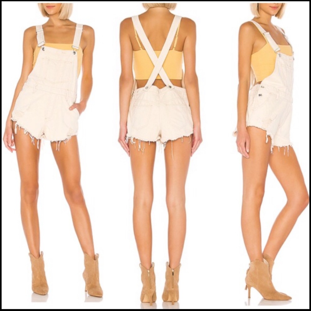 Free People June Shortall in Seeded Rinse Overalls,